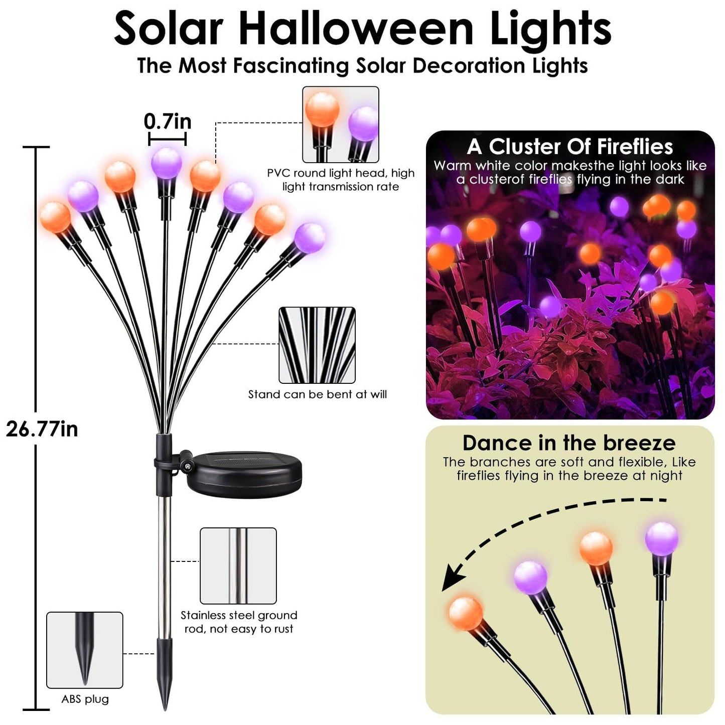 6Pack Total 48 LED Purple and Orange Solar Halloween Lights Outdoor - Solar Firefly Lights Outdoor, Sway by Wind, Waterproof for Garden Patio Pathway Halloween Decorations
