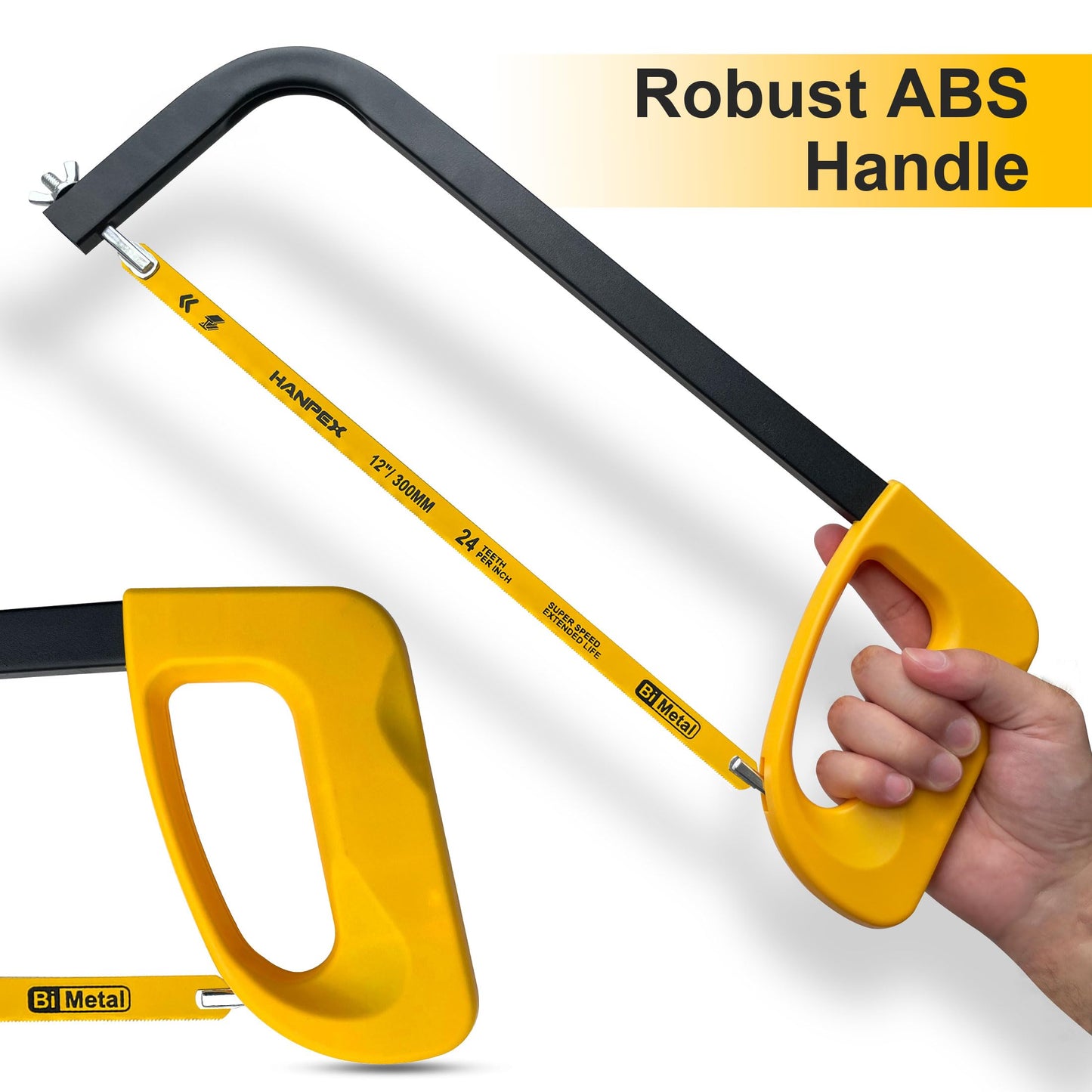 Hanpex 12in. High-Tension Hacksaw Frame with 24 TPI Bi-metal Blade, Hand Saw Suitable for Metal, wood, PVC, Carpentry