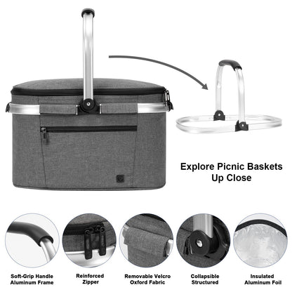 ALLCAMP Insulated Cooler Bag Portable Collapsible Picnic Basket Cooler Bag Collapsible, Leakproof, Lightweightwith Sewn in Frame (Medium Gray)