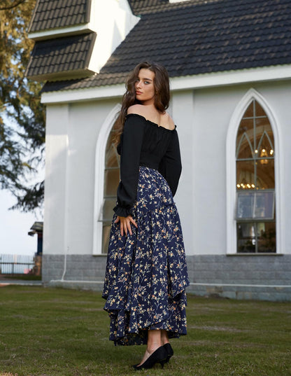 Women Floral Print Boho Skirt Elastic High Waist Long Maxi Skirts with Pockets Navy Yellow Floral L