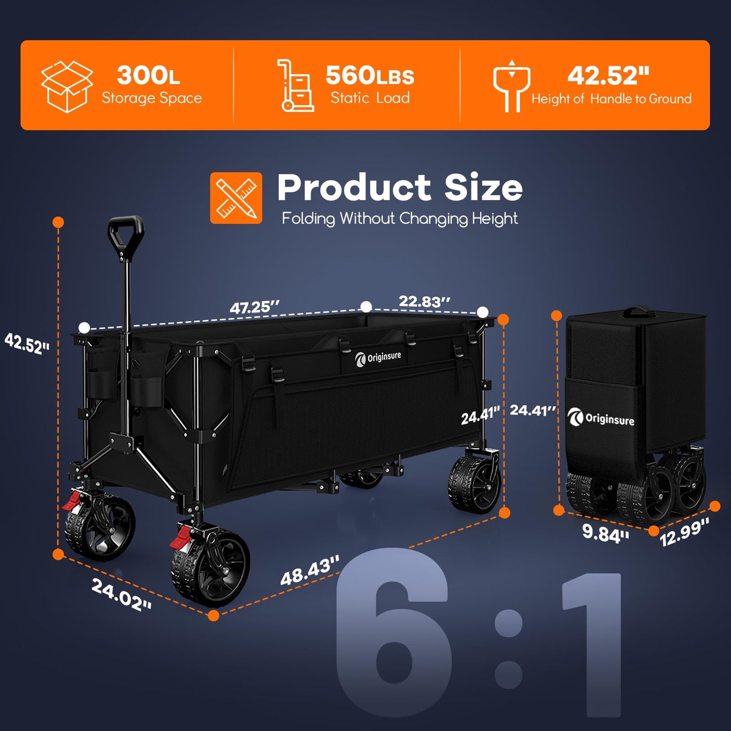 48" L Collapsible Wagon Cart Foldable, 560LB Weight Capacity 300L Heavy Duty Folding Beach Wagons with Big All-Terrain Wheels, Utility Carts for Groceries, Shopping, Camping, Sports - Black