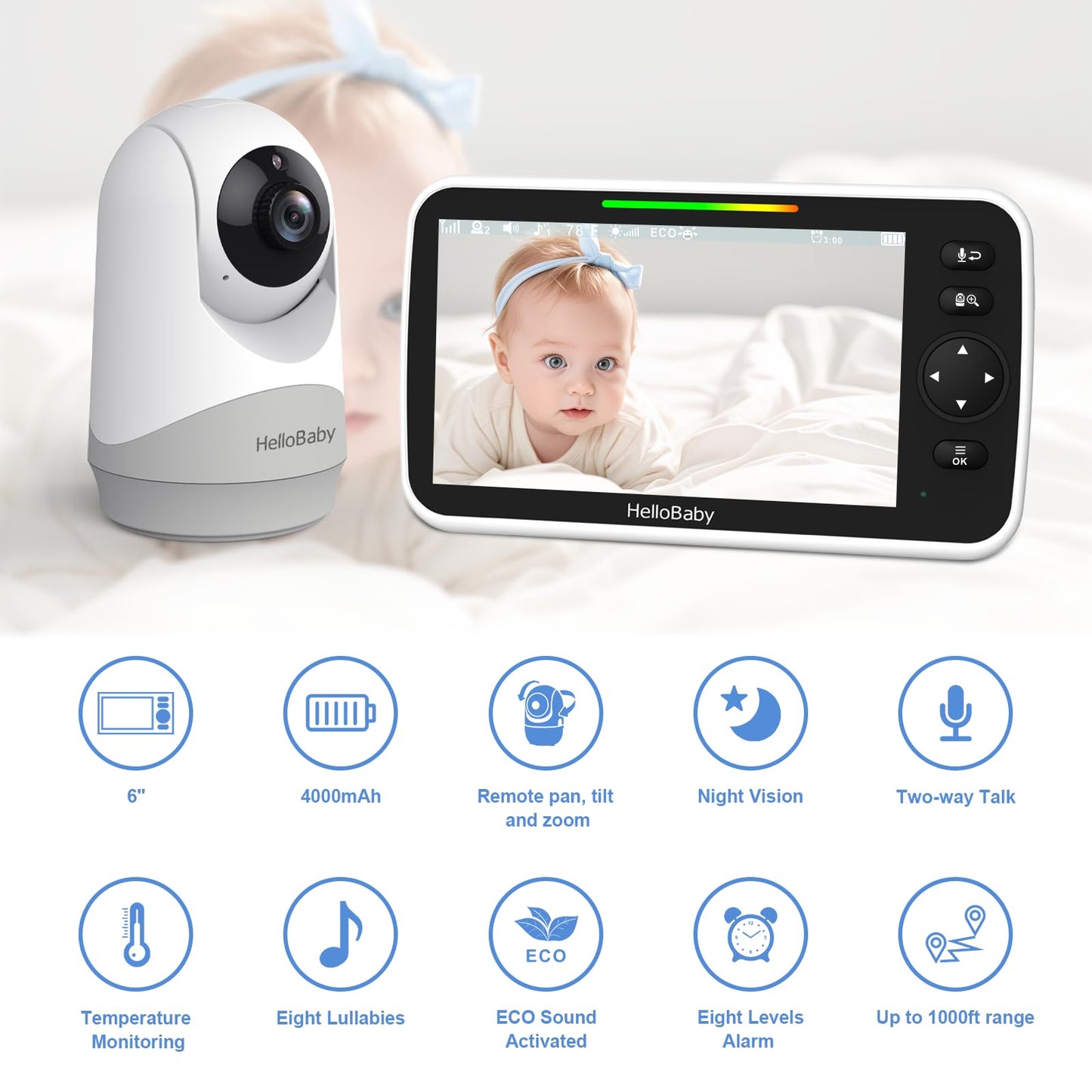 HelloBaby 6”IPS Large Screen, Video Baby Monitor with Upgraded 4000mAh Battery, 2-Way Talk, Night Vision, Pan-Tilt-Zoom, No WiFi, ECO Mode