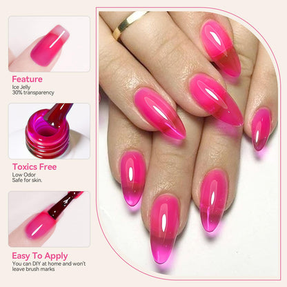 BORN PRETTY Jelly Gel Nail Polish Halloween Neon Gel Polish,Hot Pink Red Purple Blue Green Yellow 6Colors Translucent Effect,Soak Off U v LED Light Cure Nail Art Kit for Salon Manicure and DIY at Home