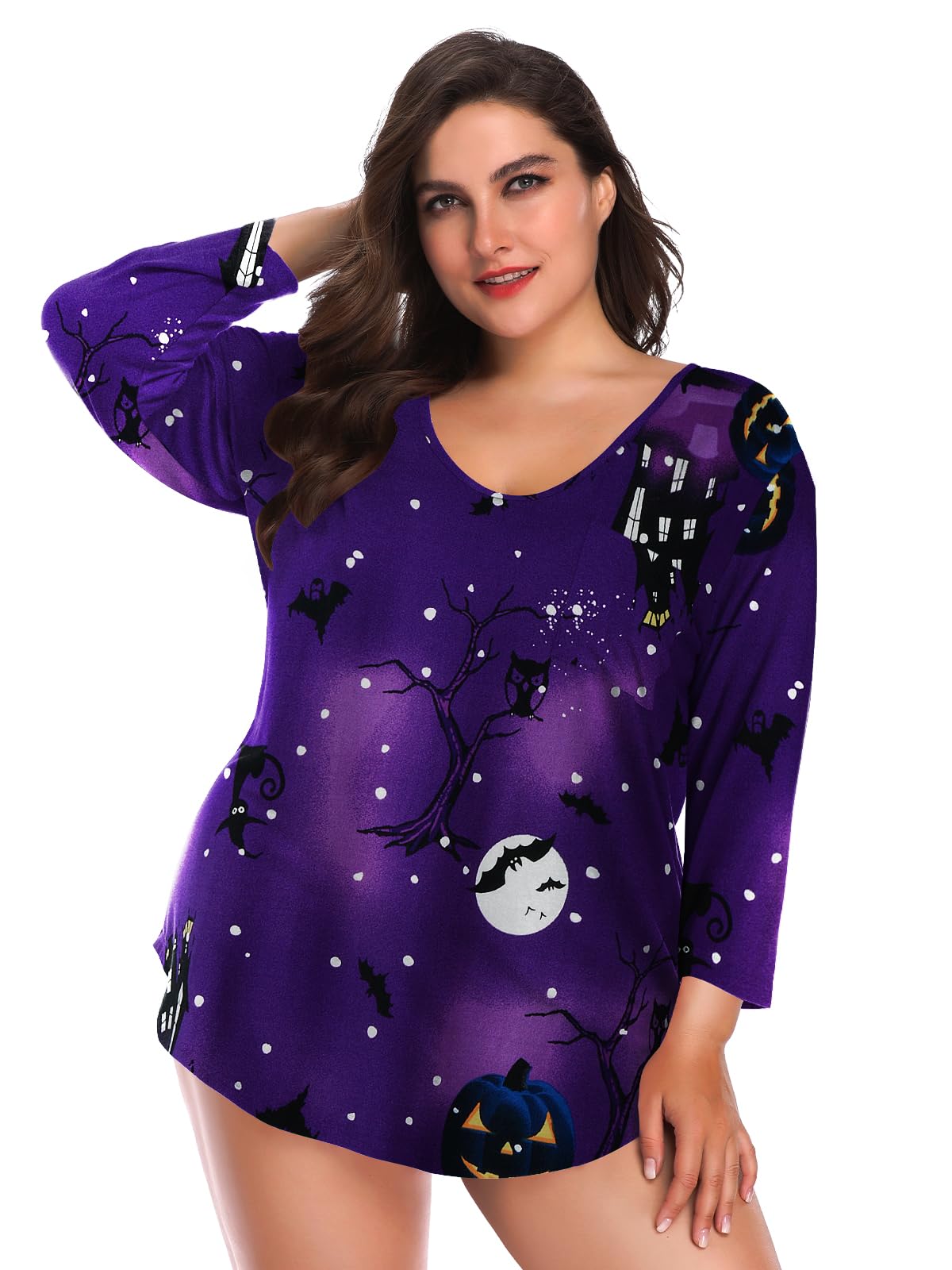 BELAROI Womens Plus Size Halloween Shirts 3/4 Sleeve V Neck Tunic Tops Basic Tee Loose Pumpkin, Witch, Horror, Pattern Print Blouses with Pocket(4X,Flower61)