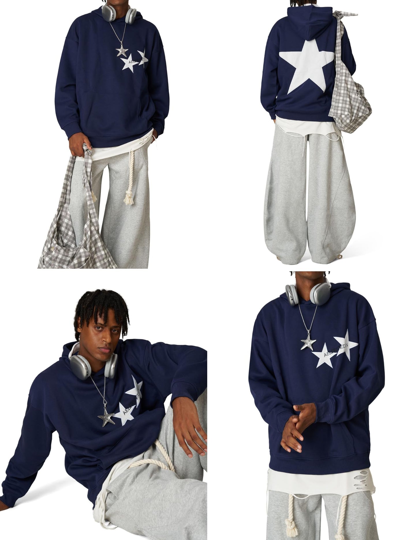 Aelfric Eden Hoodies Y2k Star Oversized Graphic Hoodies Aesthetic 90s Crewneck Sweatshirt Long Sleeve Pullover Tops Navy Blue