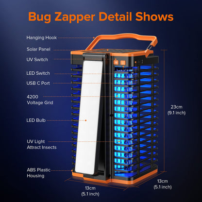 Bug Zapper Indoor Outdoor, Mosquito Trap Cordless & Rechargeable, Mosquito Zapper Solar Powered, 4200V Killer with Reading Lamp Equipped 4000mAh Battery for Home