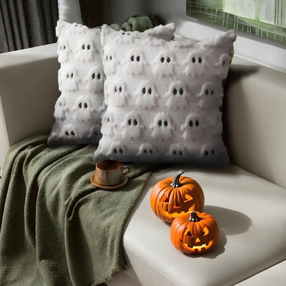 4 Pcs Halloween Throw Pillow Covers 18x18, Soft Faux Fur Pillow Cases Decorations, Fluffy Plush Accent Couch Cushion Case for Halloween Chair Sofa Bedroom Living Room Home Decor(Ghost B)
