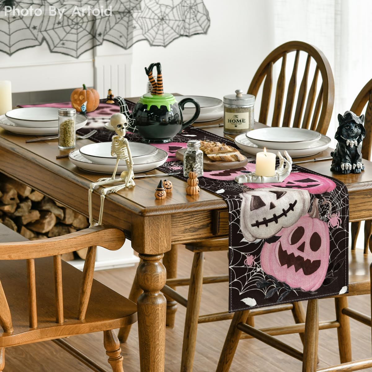 Artoid Mode Pink Pumpkins Spider Web Halloween Table Runner, Seasonal Fall Black Kitchen Dining Table Decoration for Home Party Decor 13x72 Inch