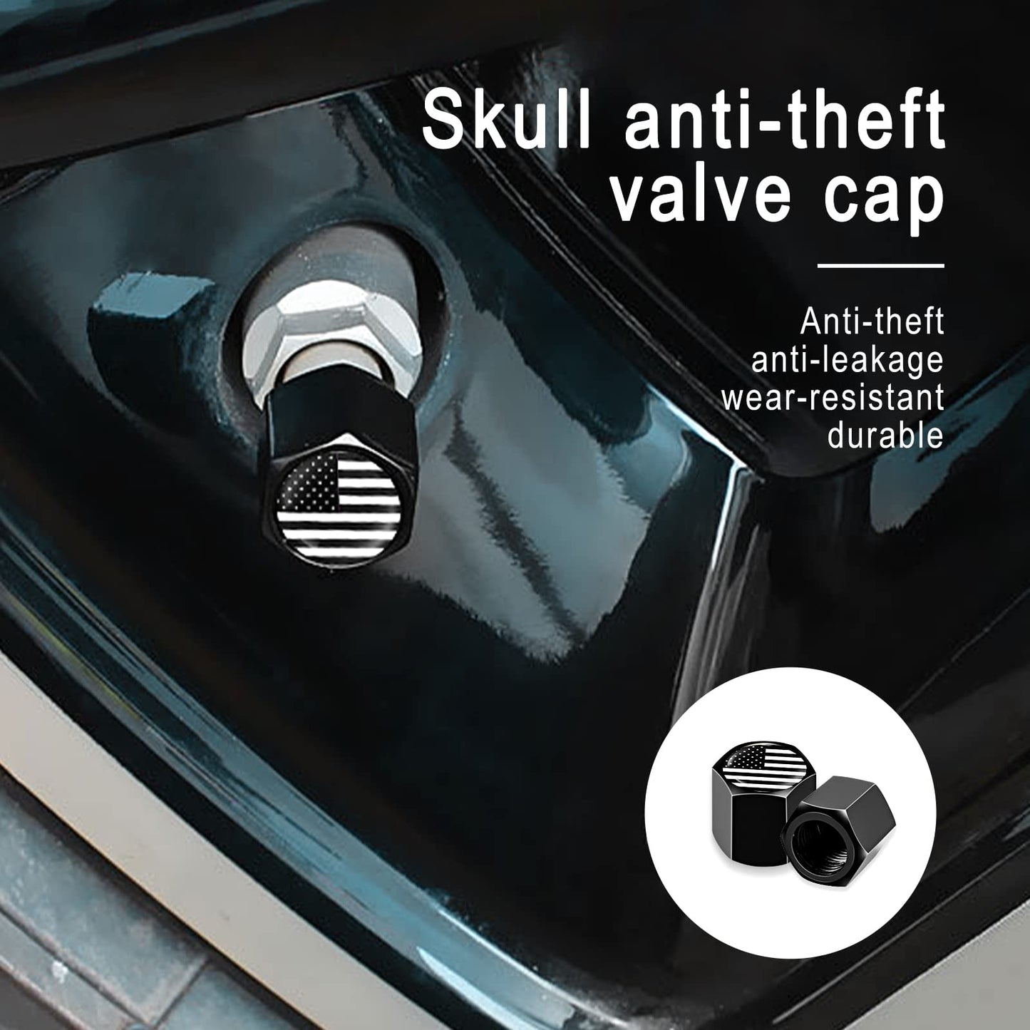 Ajxn 4 PCS B&W American Flag Car Wheel Tire Valve Stem Caps Airtight Dust Proof Covers Universal Tire Air Valve Caps for Cars, Trucks, Bicycles (Black)