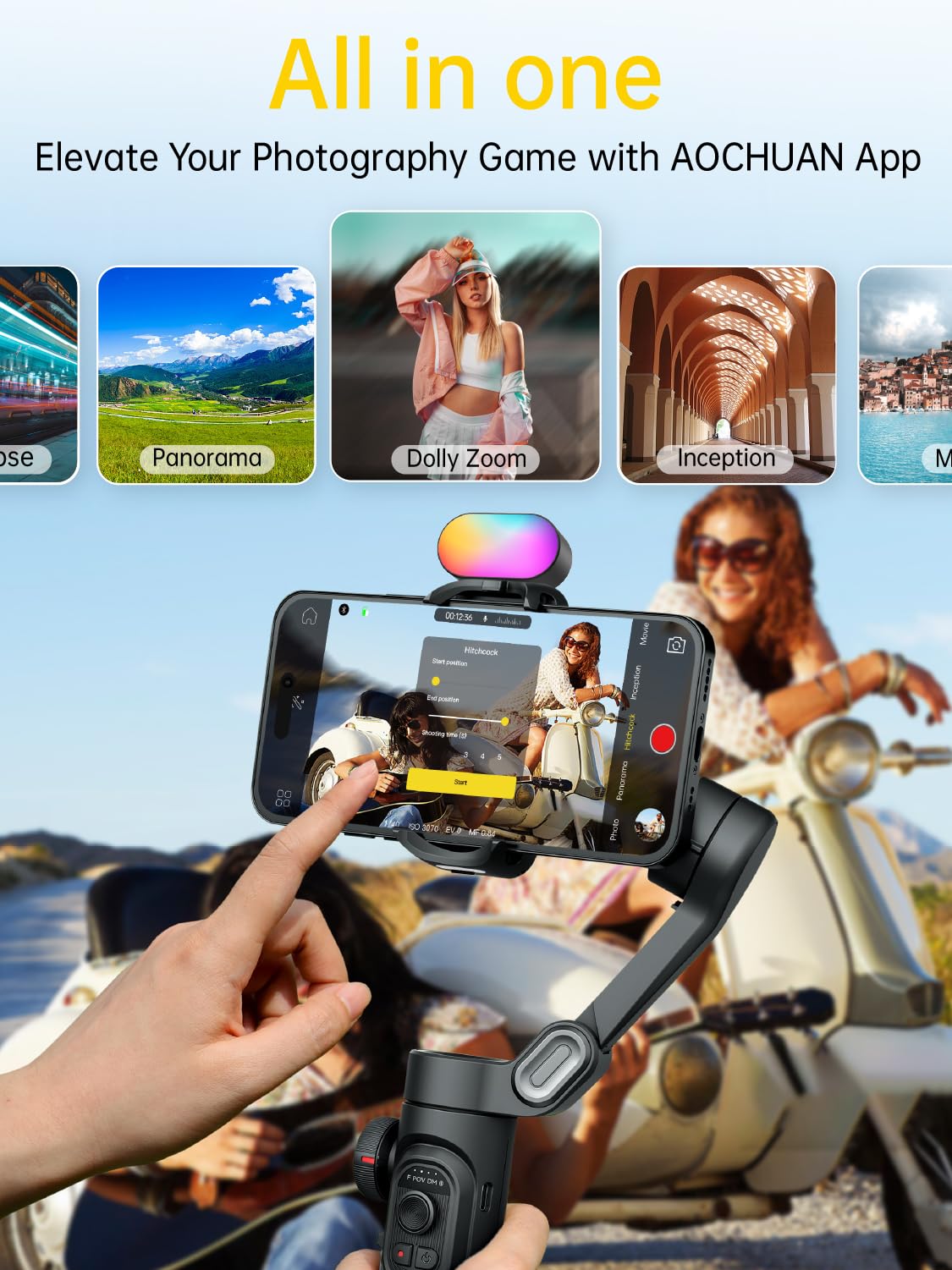 AOCHUAN 3-Axis Gimbal Stabilizer for Smartphone with RGB Magnetic Fill Light Upgraded Face Tracking Focus Wheel Foldable iPhone Gimbal for iPhone/Android Phone Stabilizer Vlog Recording Smart XE Kit