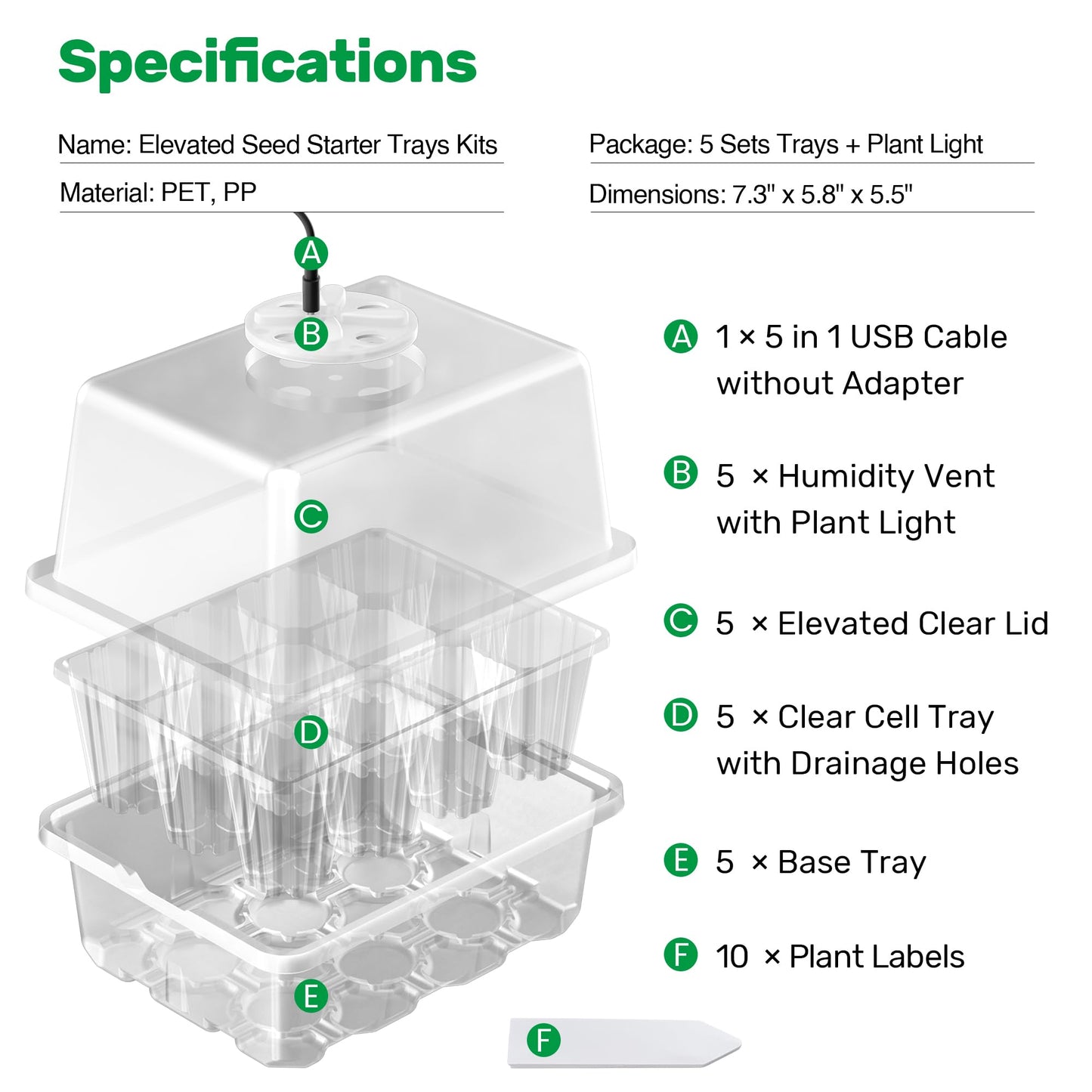Bonviee 5 Packs Seed Starter Tray with Grow Light, Elevated Seedling Starter Trays Kits with Adjustable Humidity Domes and Clear Cell Tray, 12 Full Spectrum led lamp Beads for Plants Indoor-Clear