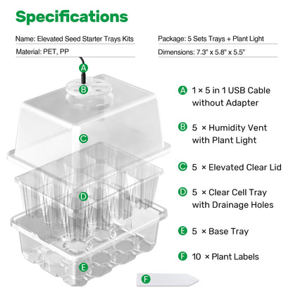 Bonviee 5 Packs Seed Starter Tray with Grow Light, Elevated Seedling Starter Trays Kits with Adjustable Humidity Domes and Clear Cell Tray, 12 Full Spectrum led lamp Beads for Plants Indoor-Clear