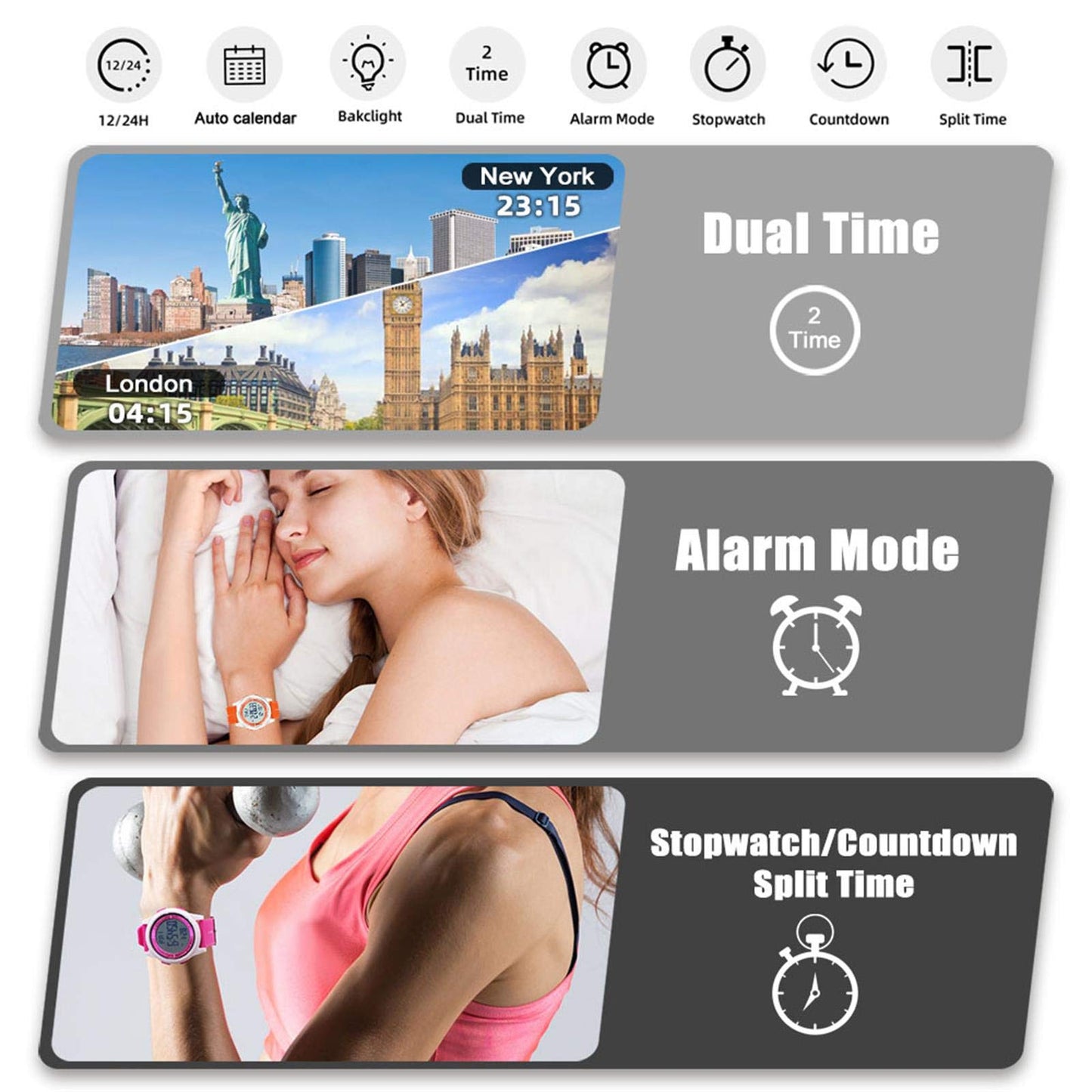 Beeasy Digital Watch Waterproof with Stopwatch Alarm Countdown Dual Time, Ultra-Thin Super Wide-Angle Display Digital Wrist Watches for Men Women