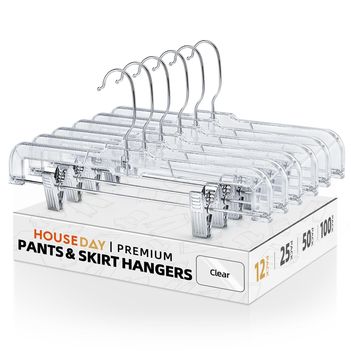 HOUSE DAY 12 Pack 14 inch Clear Plastic Skirt Hangers with Adjustable Clips, Pants Hangers 360-Rotating Swivel Hook, Clip Hangers for Pants, Trousers, Skirts, Jeans, Bulk Plastic Hangers