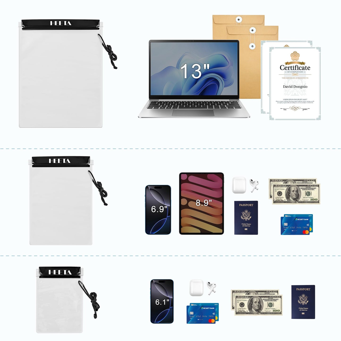 HEETA 5-Pack Clear Waterproof Dry Bag, Water Tight Cases Pouch Dry Bags for Camera Mobile Phone Maps, Kayaking Boating Document Holder (Black)