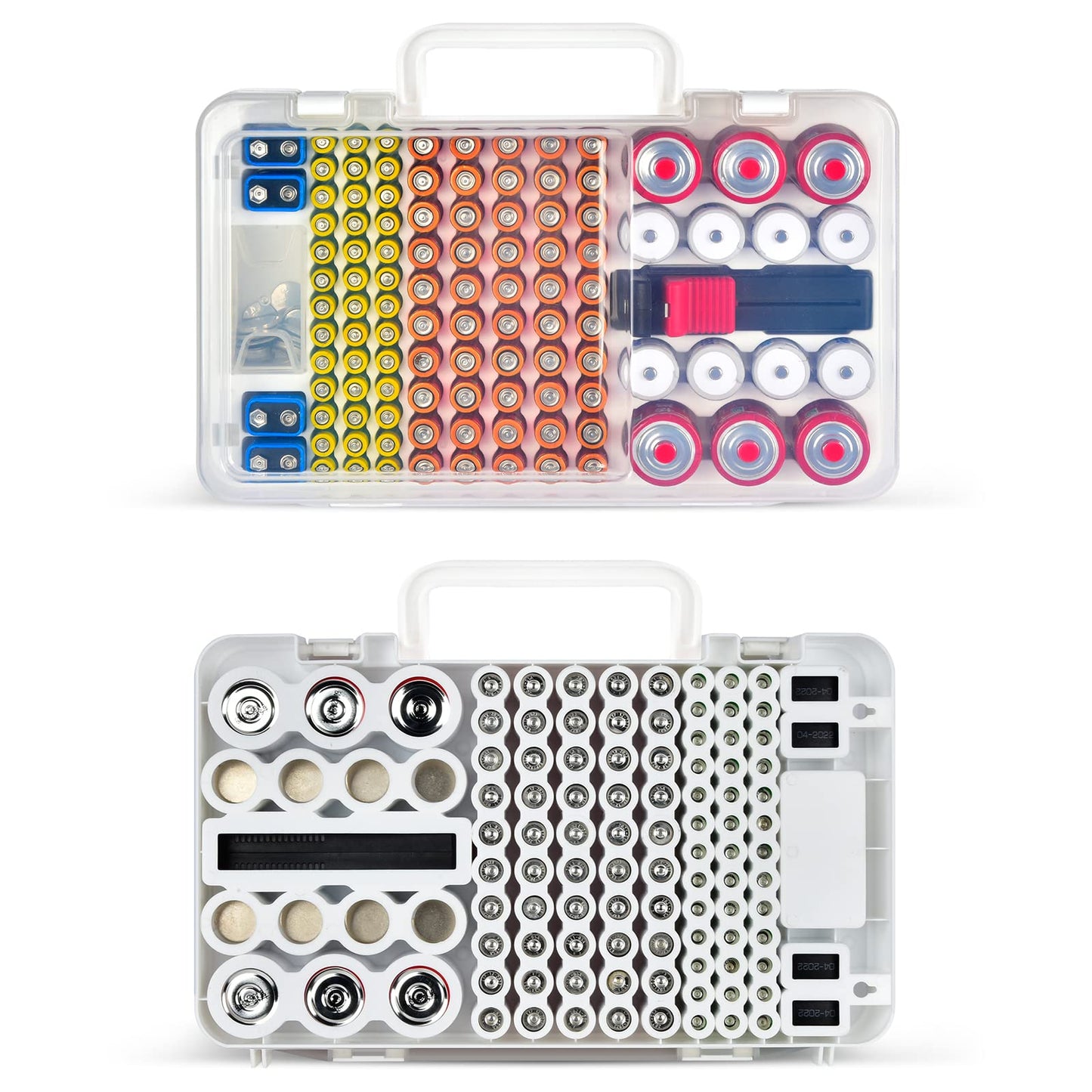 Battery Organizer Storage Case with Tester Checker. Batteries Holder Box Container for 120+ AA AAA 9V C D Lithium CR2025 CR1632 CR2032 Coin Cell Battery with Wall-Mounted Design -Transparency