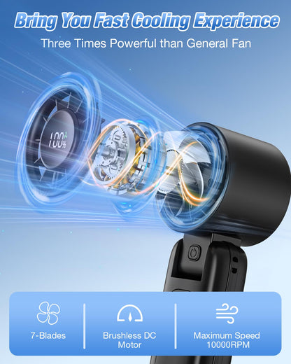 4 in 1 Handheld Portable Turbo Fan, 180° Foldable 6-Speed (1-100) Mini Fan, 5000mAh Rechargeable Battery Operated up to 15 Working Hours, LED Display Personal Cooling for Travel Indoor Outdoor Purple