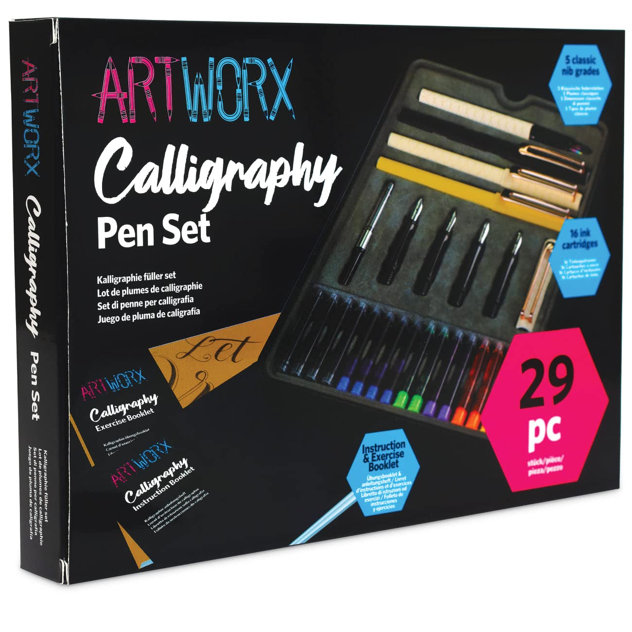 Artworx Calligraphy Pens Set - Introductory Caligraphy Writing & Hand Lettering Kit - Includes Instructions, Guide Book and Practice Book - Calligraphy Set For Beginners