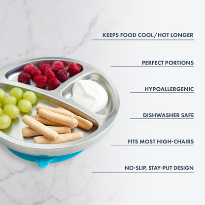 Avanchy Baby Plates with Suction – Stainless Steel Divided Plates for Toddlers, BPA-Free, Dishwasher Safe, Unbreakable, Non-Toxic, 100% Silicone Suction – Magenta