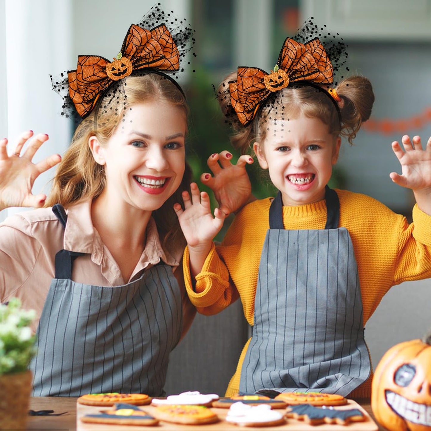 HOXIEYA Halloween Bow Headband Pumpkin with Mesh Design Headands Ornage Hair Hoop for Thanksgiving Halloween Party Headand Hair Accessories for Women Girls