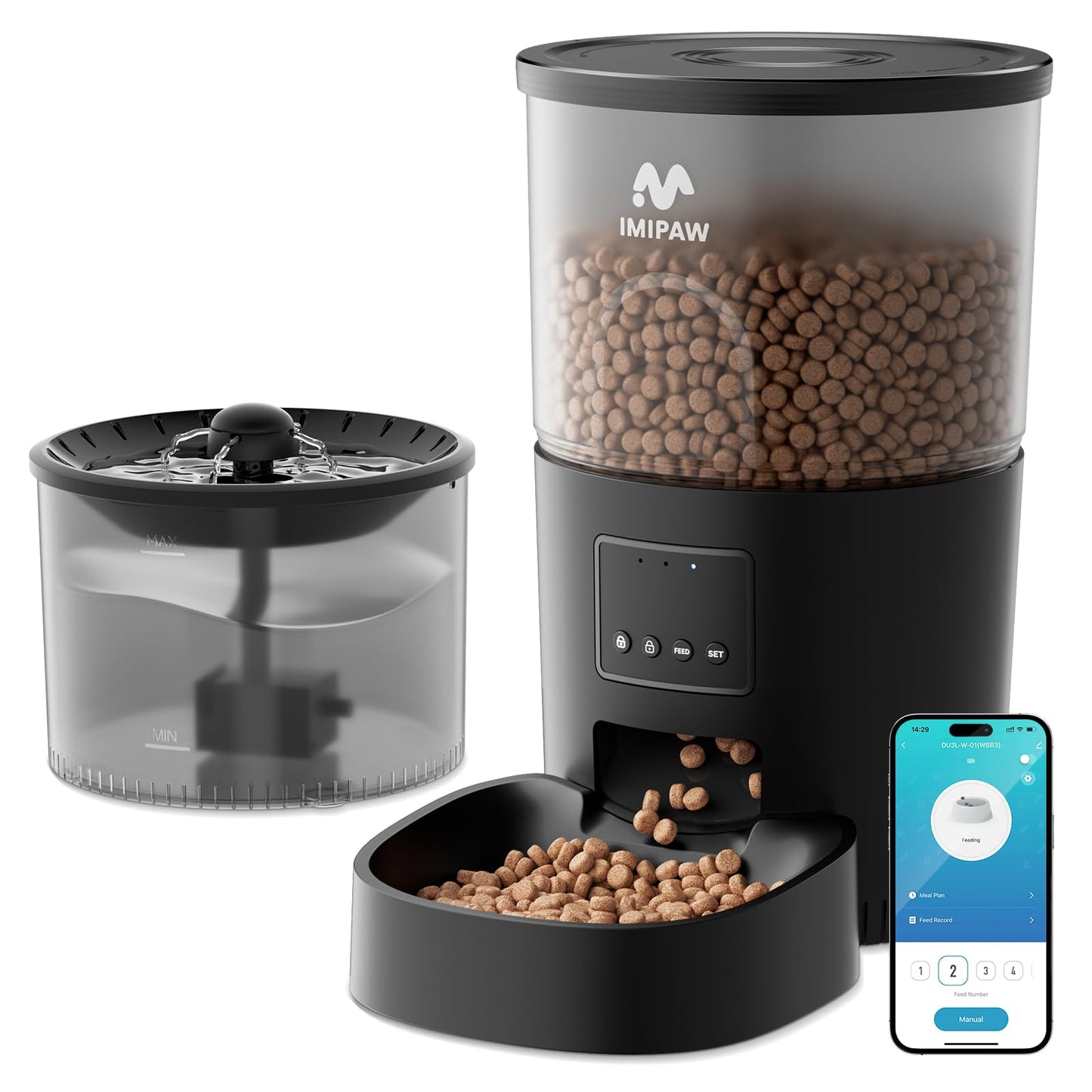 IMIPAW Automatic Cat Feeder WiFi and Water Dispenser, Timed Dry Food Dispenser APP Remote Control, Programmable Portions, Cat Fountains for Drinking with Filter, Small Pets (Combo 3L)
