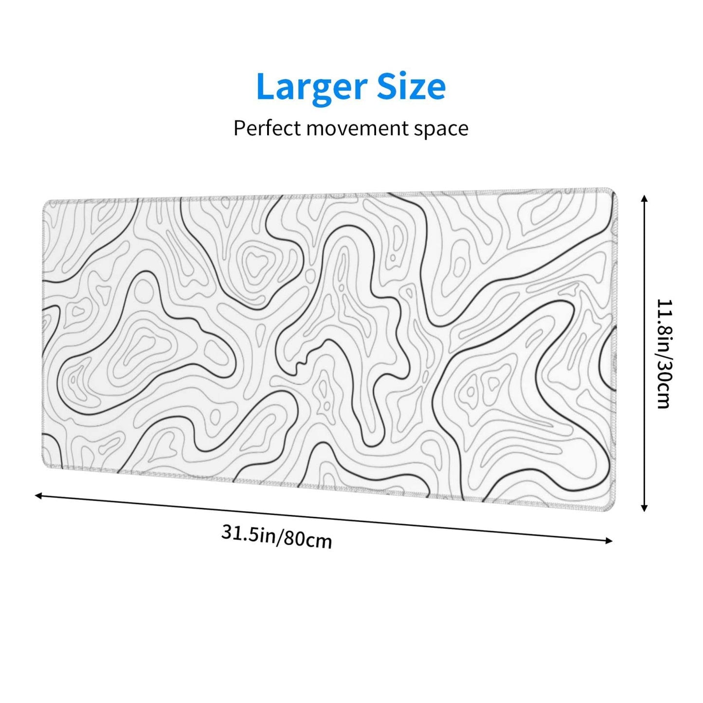 Abstract Topographic Map White Grey Black Gaming Mouse Pad Long Mouse Pad Large Desk Mat 31.5 X 11.8 Inch Mousepad with Non-Slip Base Stitched Edge Keyboard Mat for Gaming Office