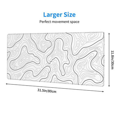 Abstract Topographic Map White Grey Black Gaming Mouse Pad Long Mouse Pad Large Desk Mat 31.5 X 11.8 Inch Mousepad with Non-Slip Base Stitched Edge Keyboard Mat for Gaming Office