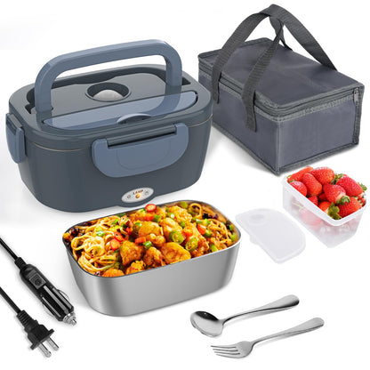 Akhia 80W Fast Electric Lunch Box for Adults 1.5L Portable Heated Lunch Box with 12V/24V/110V Includes Stainless Steel Container, Fork & Spoon & Insulated Bag (Ideal for Car/Truck/Office Use)