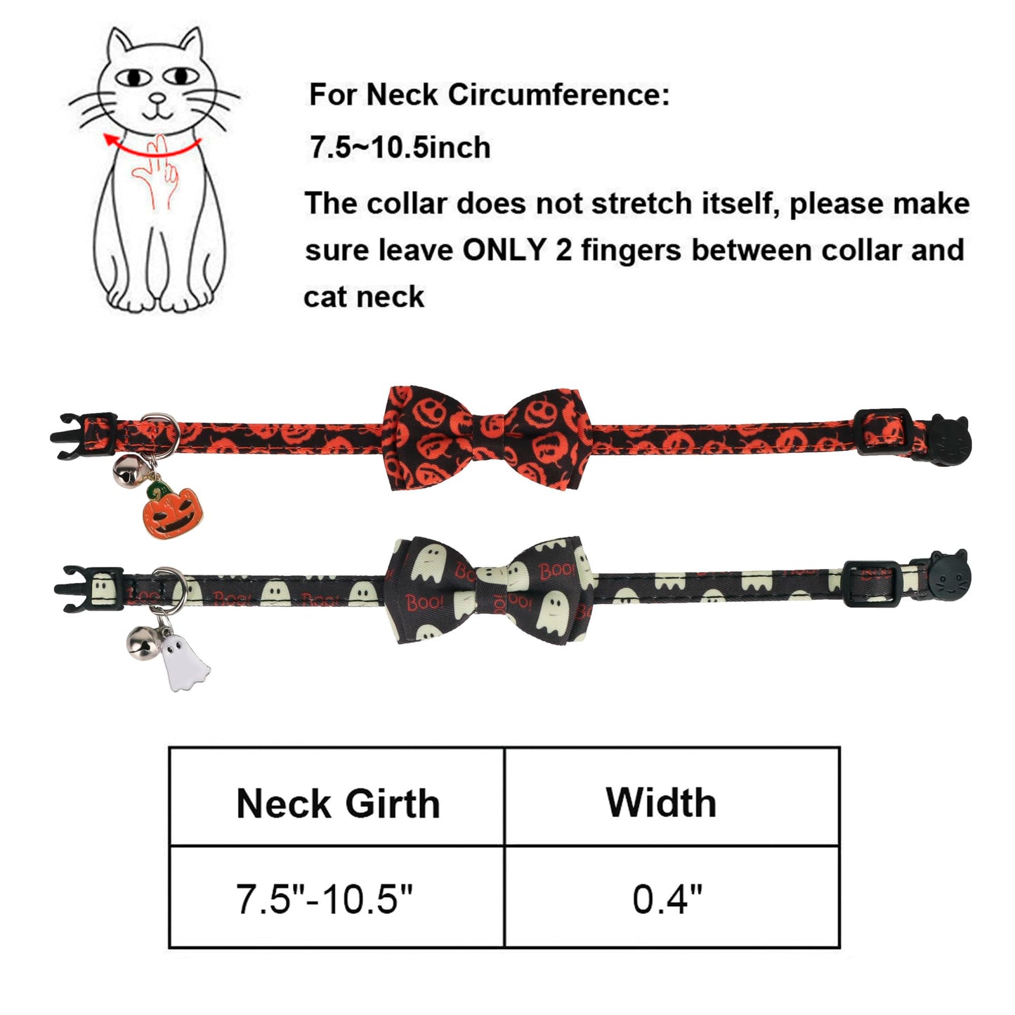 ADOGGYGO Halloween Cat Collar with Bowtie Bell, 2 Pack Halloween Kitten Collar with Removable Bow, Pumpkin Ghost Holiday Collars for Cat Kitten
