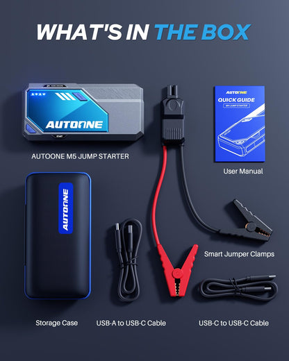 AUTOONE M5 8500A Car Jump Starter 12V Battery Jumper Starter Portable (All Gas/All Diesel) 168W DC Jump Box for Car Battery with Built-in Booster, Type-C Fast Charge & Jumper Cables Jump Pack