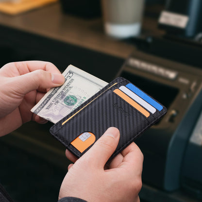 Buffway Slim Minimalist Front Pocket RFID Blocking Leather Wallets for Men and Women - Carbon Fiber Black