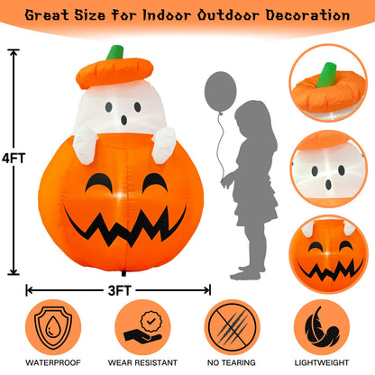 Buheco Inflatable Pumpkin Ghost Halloween Decorations Outdoor Blow Up 4ft Giant Cute Scary Yard Decor Inflatables Built in Led Lights for Indoor Outside Lawn Garden Holiday Fall Family Party Props