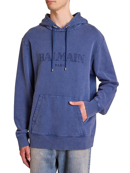 Balmain, Embroidered Logo Cotton Hoodie, Medium, Blueblue