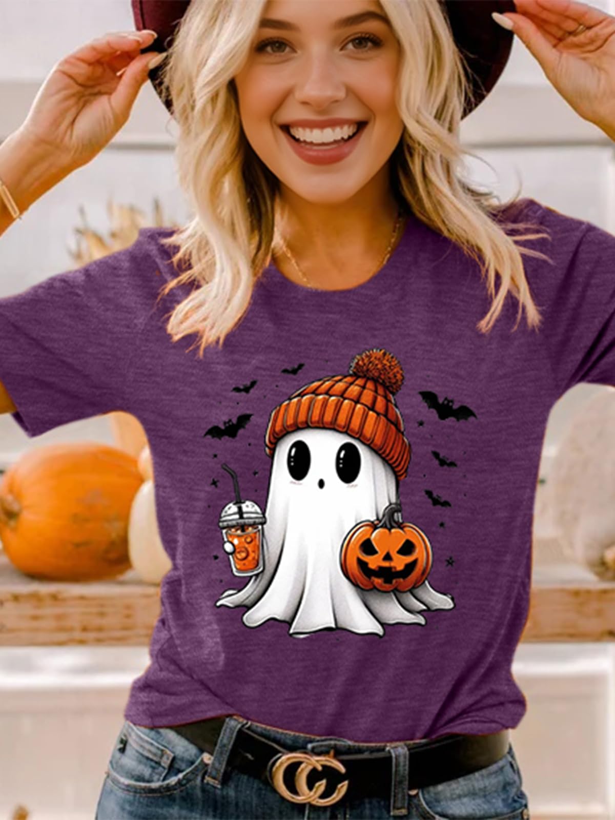 Womens Halloween Ghost Shirt Fall Cute Ghost Pumpkin Graphic Short Sleeve Tee Autumn Pumpkin Coffee T Shirt(M, Purple)