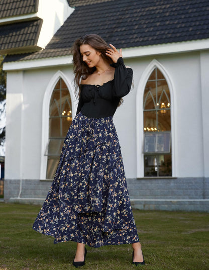 Women Floral Print Boho Skirt Elastic High Waist Long Maxi Skirts with Pockets Navy Yellow Floral L