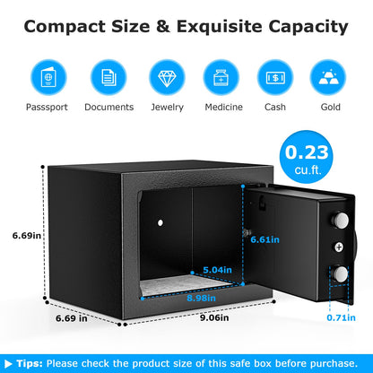Bonsaii Safe Box with Electronic Keypad, Steel Security Lock Box with Key, 0.23 Cubic Feet, 9.06" W x 6.69" D x 6.69" H, Small Hidden Safe for Cash Jewelry