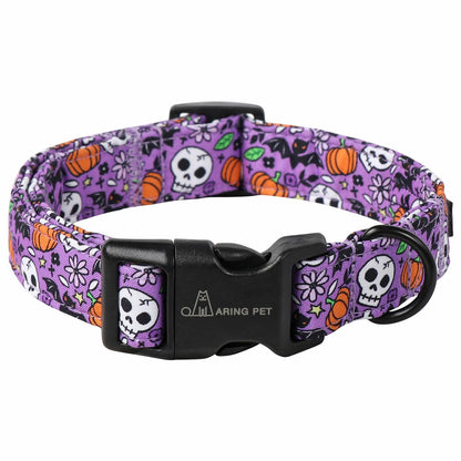 ARING PET Halloween Dog Collar-Cotton Purple Pumpkin Dog Collars, Adjustable Skull Bat Print Pet Collar Puppy Collars with Quick Release Buckle for Girl&Boy Dogs