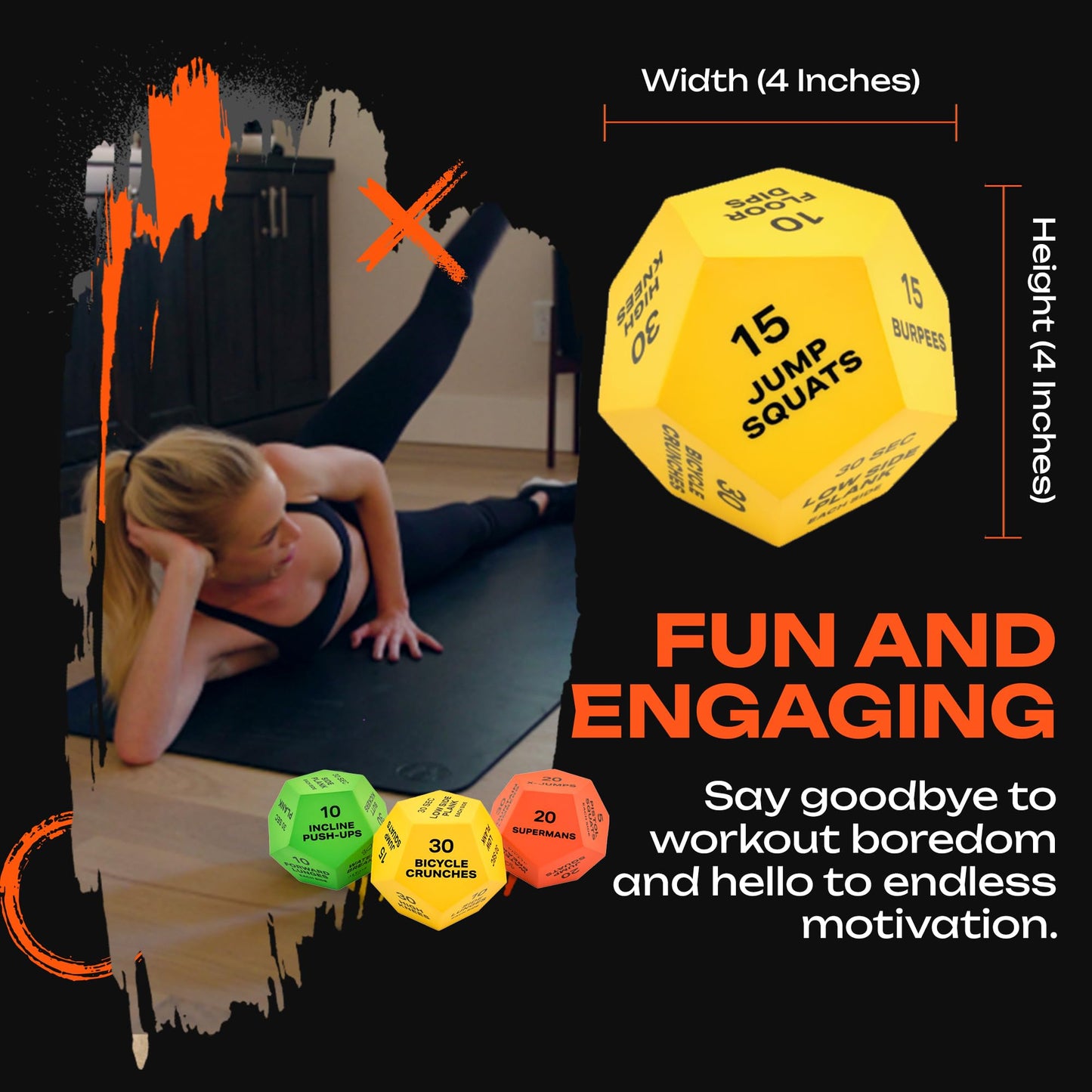 ALTAIR Fitness Dice - 3 12-Sided HIIT Workout Dice with 3 Levels of Difficulty for Adults, Teens & Kids, Motivational Accessories with Mesh Bag & Guide Book