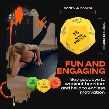 ALTAIR Fitness Dice - 3 12-Sided HIIT Workout Dice with 3 Levels of Difficulty for Adults, Teens & Kids, Motivational Accessories with Mesh Bag & Guide Book