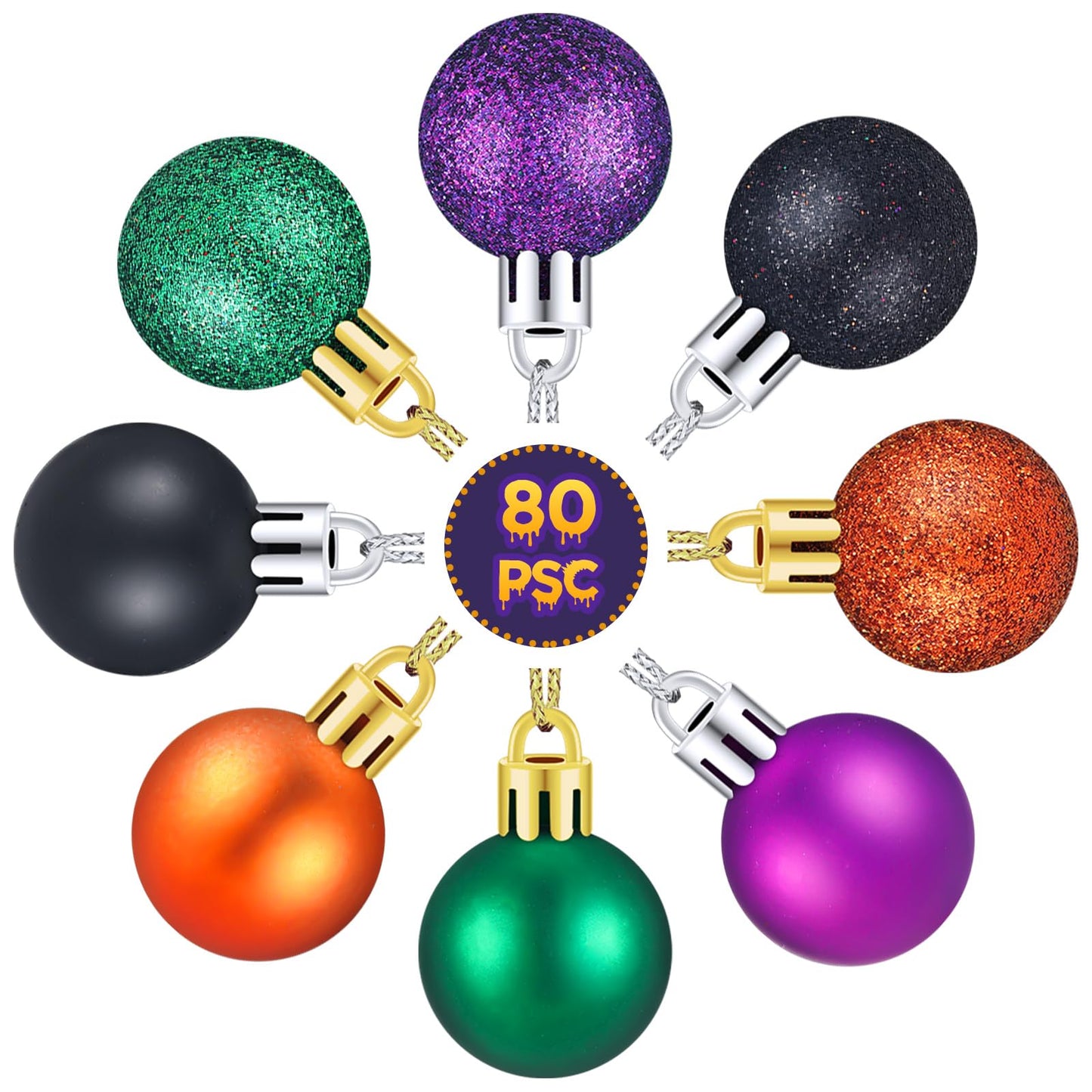 80 Pcs Mini Halloween Ball Ornaments 1" Halloween Hanging Glitter Ball Halloween Tree Ball Ornaments Shiny Tree Plastic Ball Decorations for Halloween Christmas Party Tree Decor(Halloween Style)
