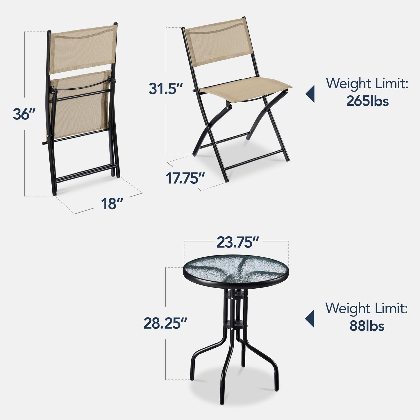 Best Choice Products 3-Piece Patio Bistro Dining Furniture Set w/Textured Glass Tabletop, 2 Steel Folding Chairs, Polyester Fabric - Beige