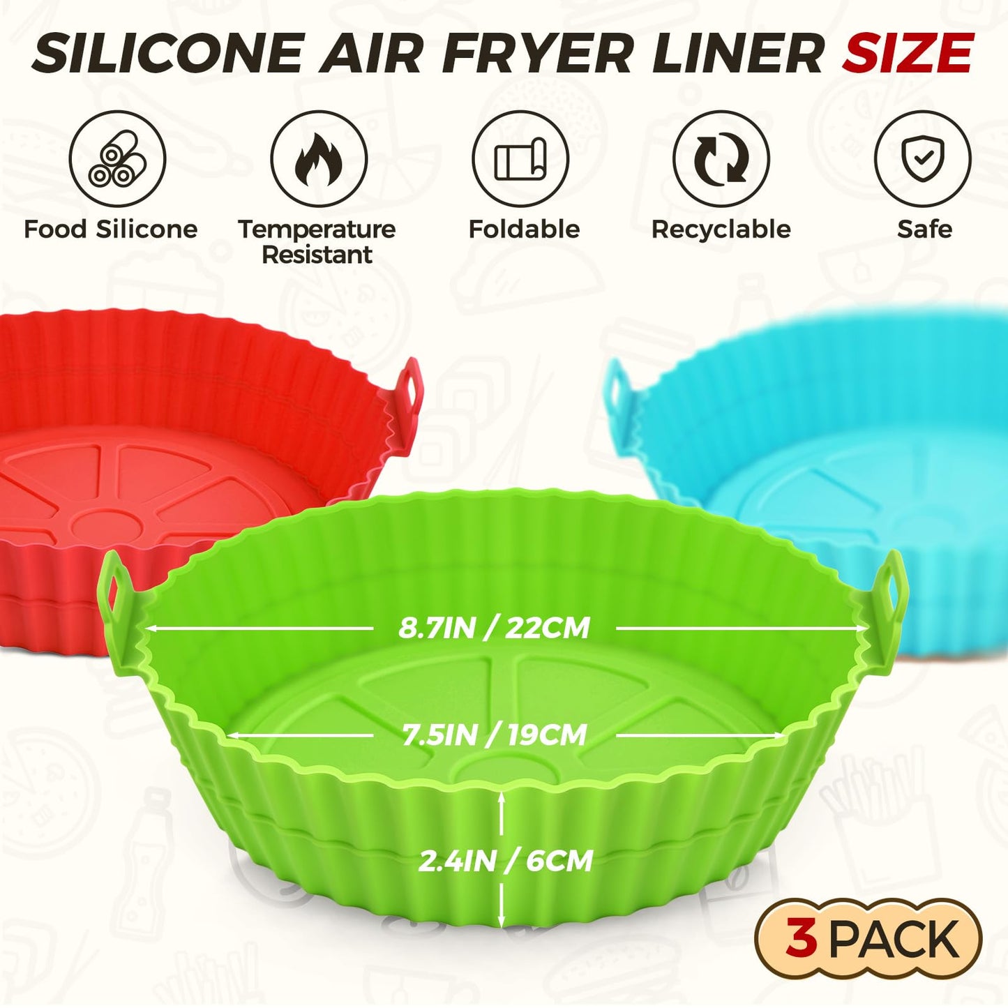3 Pack Air Fryer Silicone Liners for 5 QT or Bigger, Reusable Food Grade Silicone Airfryer Liners Pot Baking Basket Accessories Replacement of Flammable Disposable Parchment Paper Top 8.7 inch