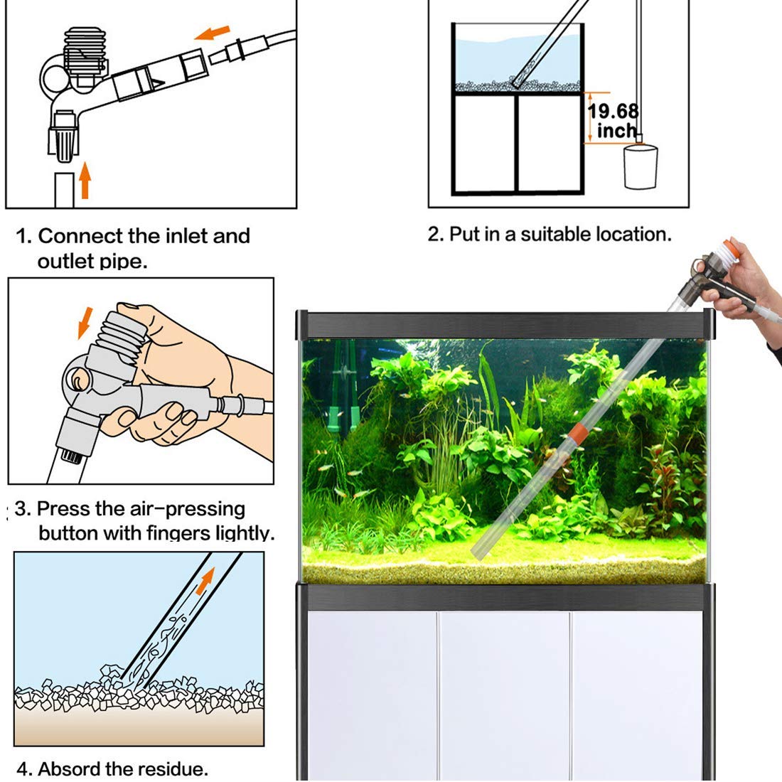 5 in1 Aquarium Gravel Cleaner Water Changer Glass Scraper Fish Tank Sand Wash Pump Kit with Air-Pressing Button and Adjustable Water Flow Controller Clamp for Fish Tank Gravel-Cleaning