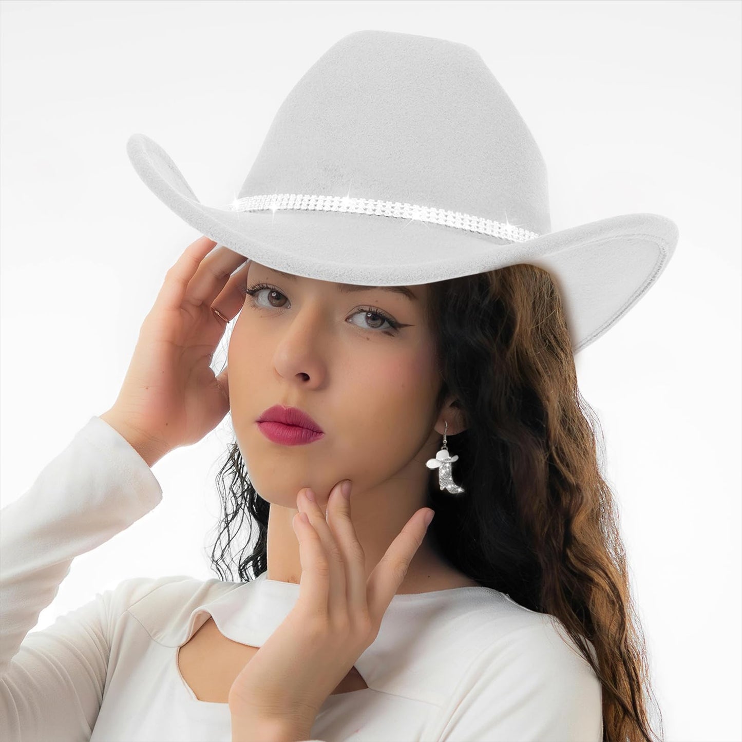 Aswitnove Cowboy Hat Rhinestone Cowgirl Boots Earrings Set Western Earrings Felt Fedora Jazz Hat Rodeo Outfit for Women Boots White