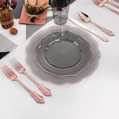bUCLA 30Guests Clear Black Plastic Plates With Rose Gold Silverware & Cups - Rose Gold Rim Plastic Dinnerware Ideal for Party & New Year