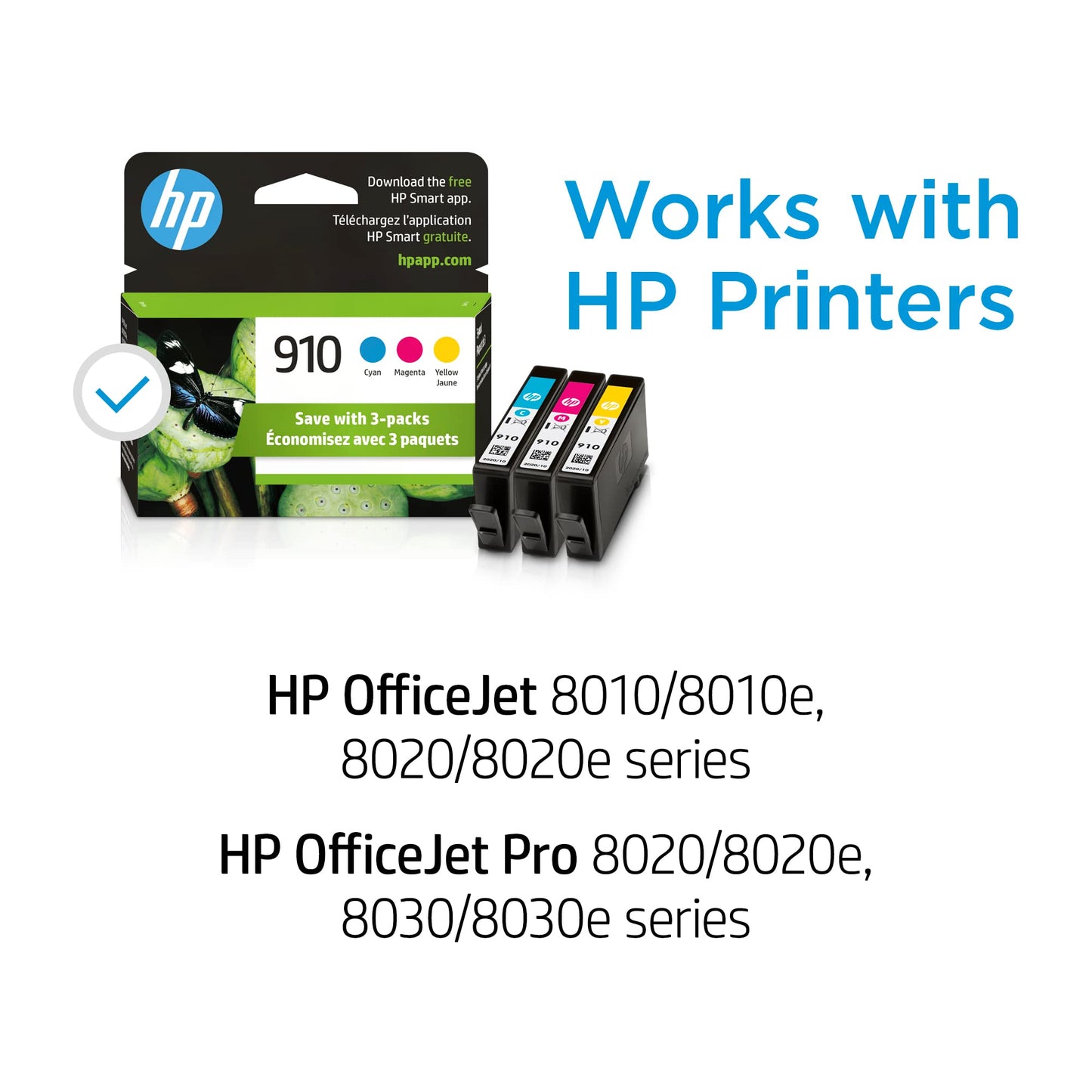 HP 910 Cyan, Magenta, Yellow Ink Cartridges for HP Printers (3-pack) | Works with Printer Series: OfficeJet 8010, 8020 Series, OfficeJet Pro 8020, 8030 | Eligible for Instant Ink | 3YN97AN
