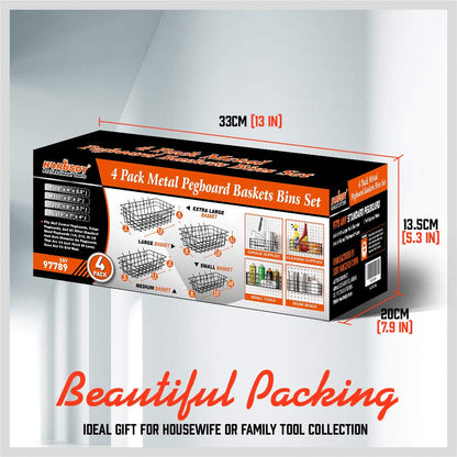 HORUSDY Peg Board Bins and Baskets | 4 Pack | Square Style 4 Size Pegboard Baskets and Pegboard Bins for Organize Workbenches, Accessories