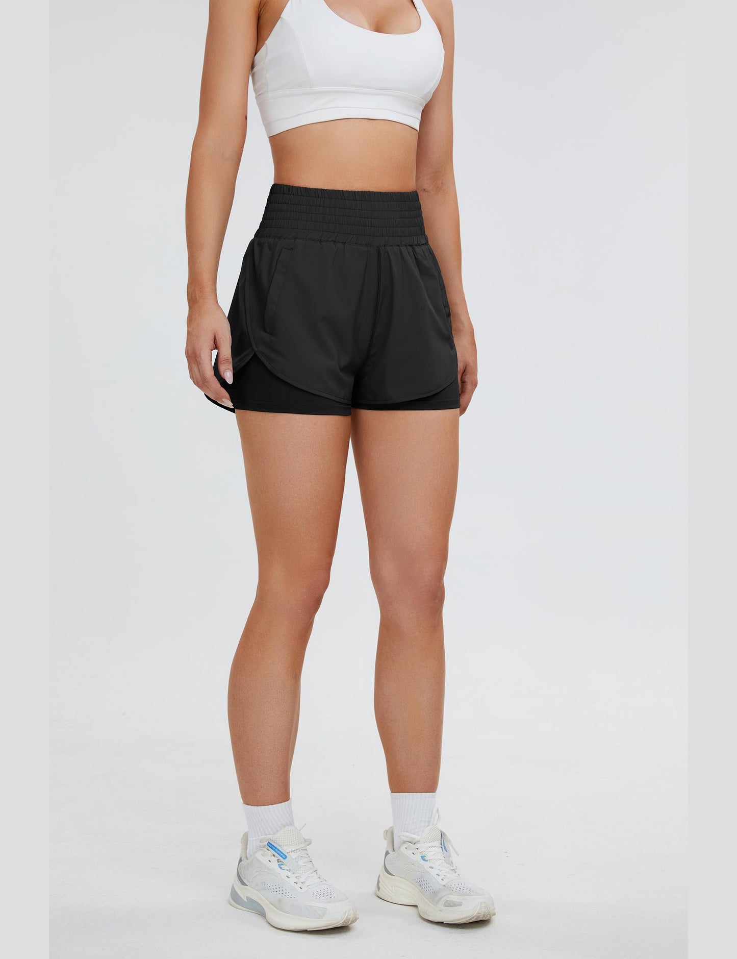 BMJL Women's Running Workout Shorts Elastic High Waist Pocket Short(M,Black359)