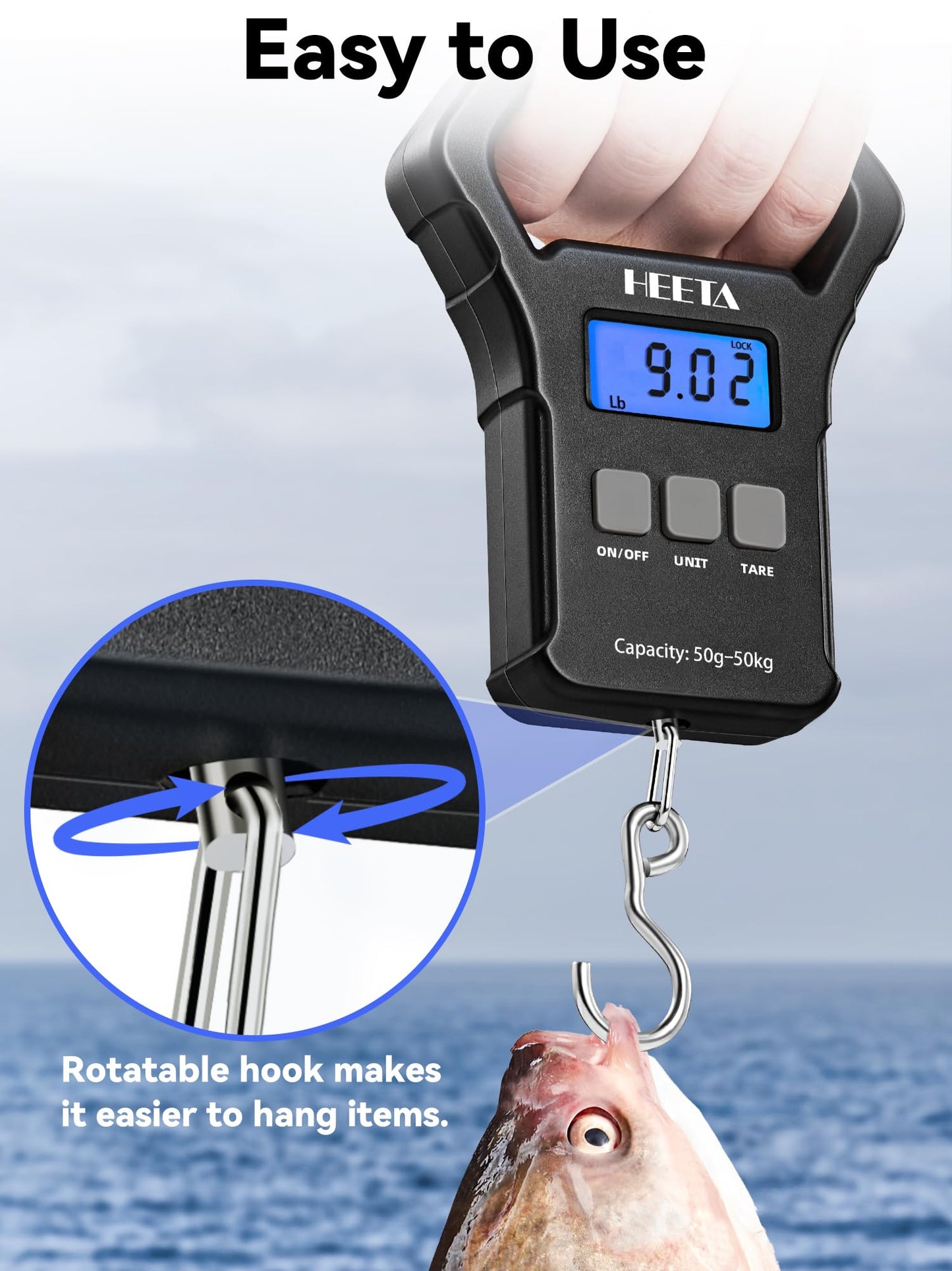 HEETA Fish Scale, 110lb/50kg Digital Portable Hanging Fishing Weight Scale with Backlit LCD Display, Luggage Scale with Non-Slip Large ABS Handle & 2 AAA Batteries, Fishing Gifts Gear for Men, Black