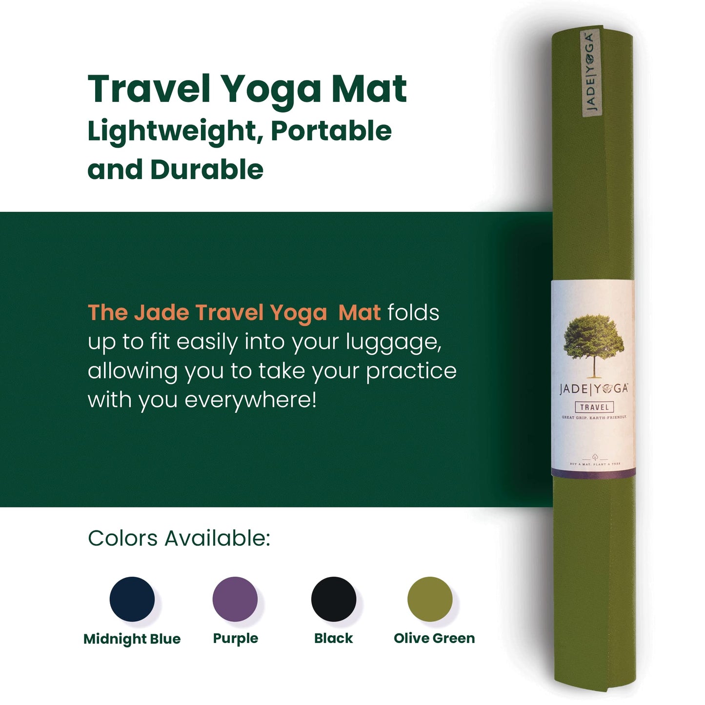JadeYoga Travel Yoga Mat - Packable, Lightweight, & Portable Yoga Mat - Non-Slip Natural Rubber Mat for Women & Men - Great for Yoga, Home, Gym, Pilates, Fitness & Stretching (Olive Green, 68" x 24")